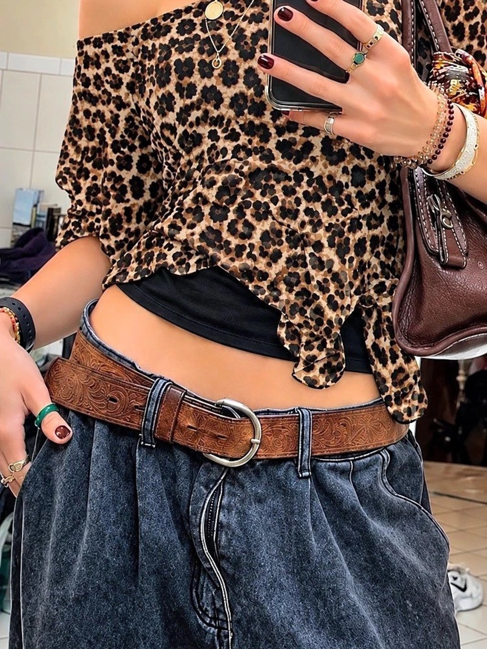 Electric Behaviour Leopard Print One-Shoulder Layered Top